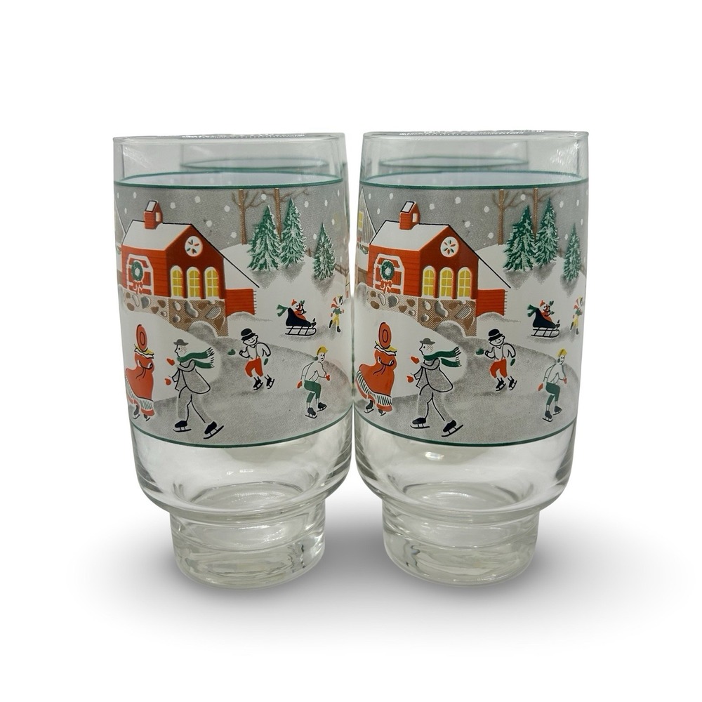 SET of FOUR Sango Vintage Silent Night 16 oz Glass Tumblers Christmas Holidays‎